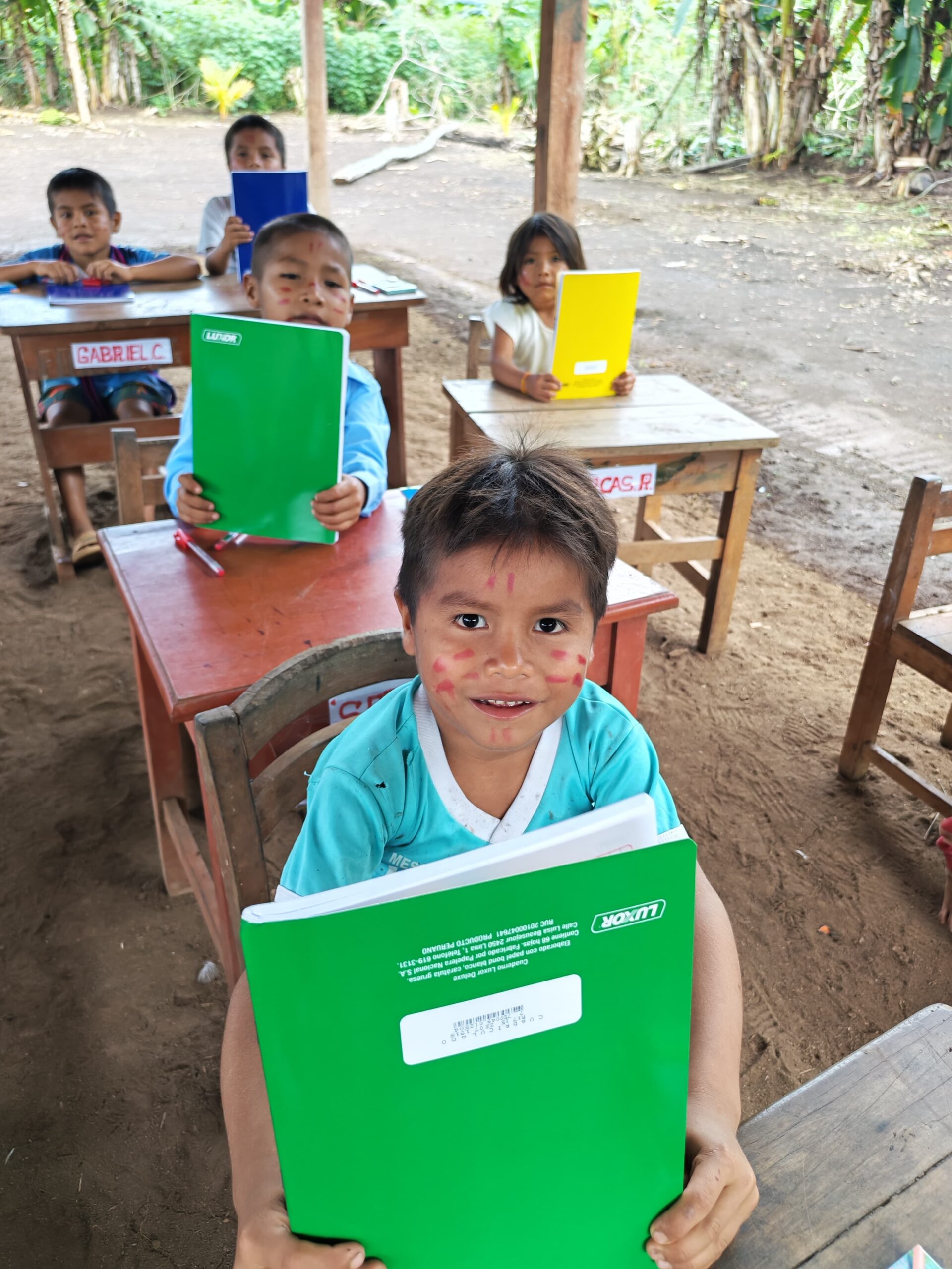 Niño de polo celeste sosteniendo un cuaderno verde